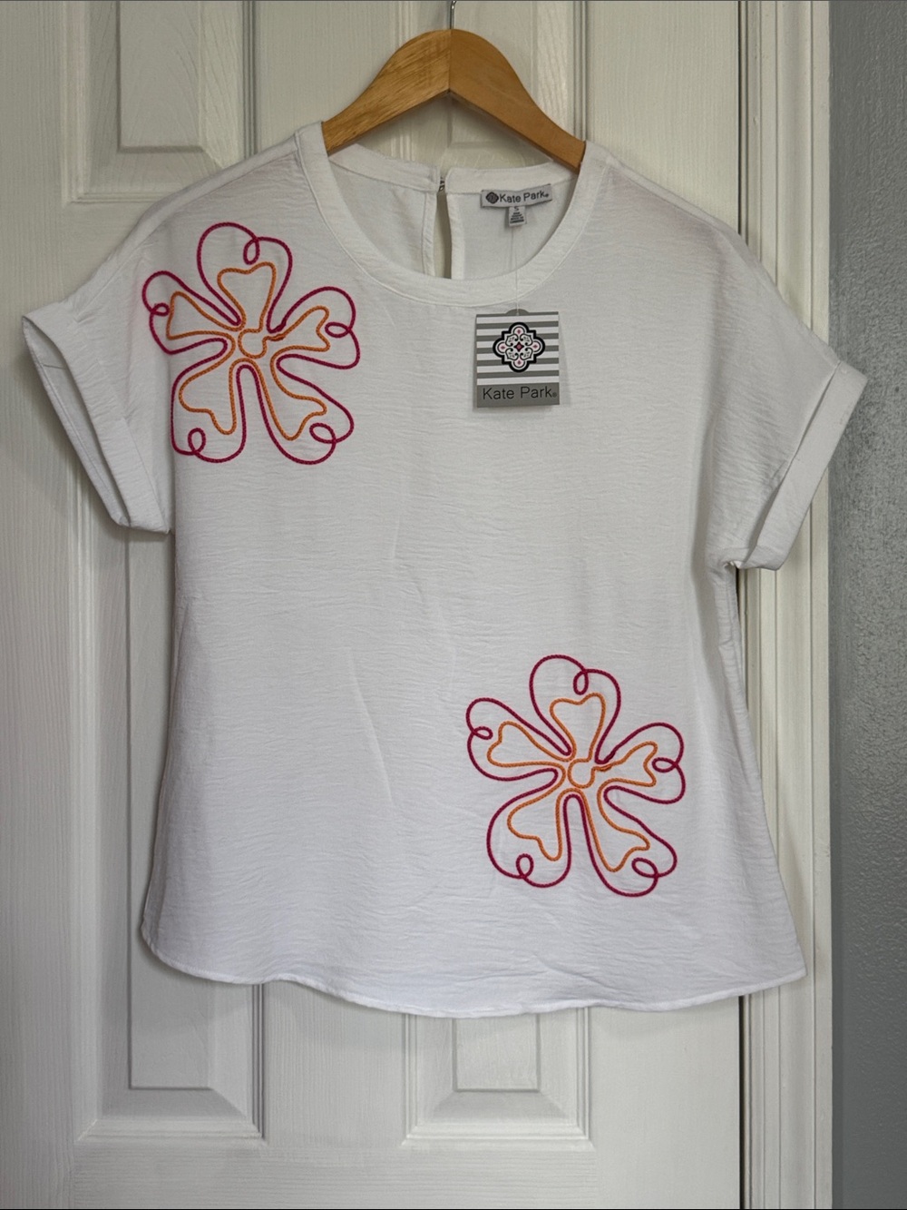 White Women’s Short Sleeve Tee with Pink & Orange Flower Appliqués